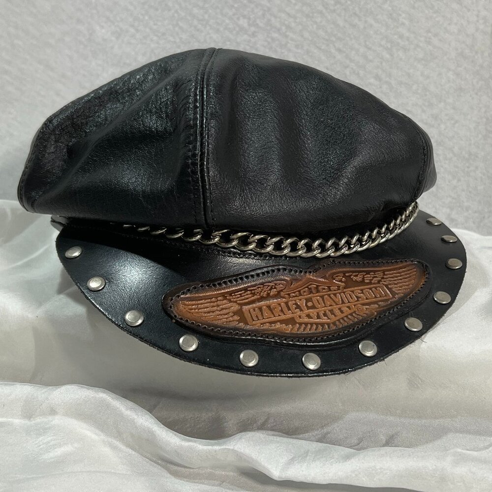 Vintage Harley Davidson leather chain studded captain's cap/hat adjustable OS